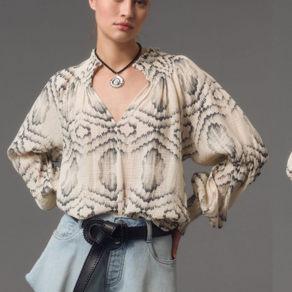 Anthropologie Cream and Black Patterned Peasant Blouse